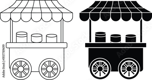 Stylized street vendor carts in outline and silhouette designs with canopy and wheels, ideal for food stall, marketplace, business, and graphic design concepts