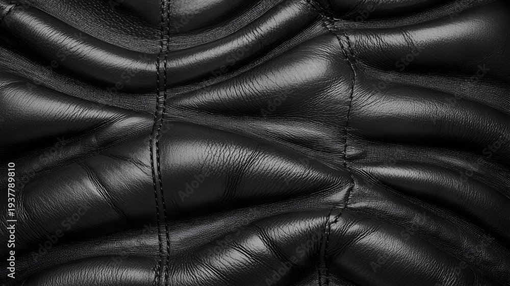 Fototapeta premium Close up of black leather texture with quilted wavy pattern.