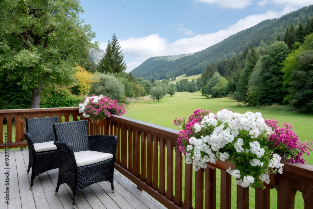 Naklejka premium Balcony with chairs, flowers, mountains, and green meadow