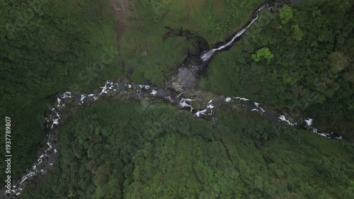 Top down aerial above Quebrada Gata waterfall on Rio Toro in Costa Rica