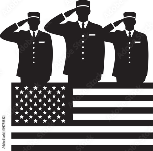 Three soldiers saluting with American flag, patriotic military tribute illustration
