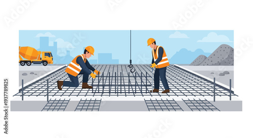 Rebar workers tying steel reinforcement vector