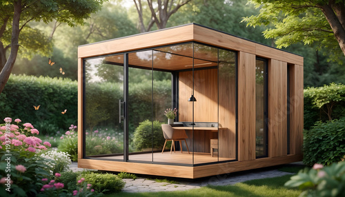 Modern Backyard Office Pod with Glass Walls Amidst Lush Garden.