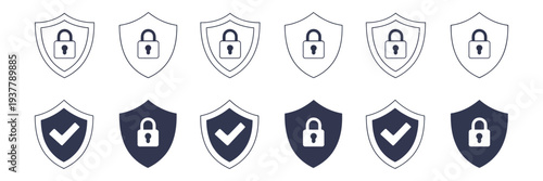 shield icons set success security protection vector illustration in flat design, isolated on white background for cybersecurity graphics, data protection, app interfaces, and technology branding proje