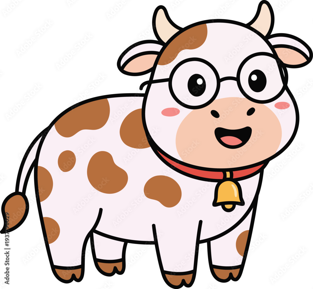 Obraz premium Cute Spotted Cow with Glasses Cartoon Farm Animal Vector Illustration.