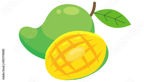 A vibrant mango illustration with green leaves and yellow fruit