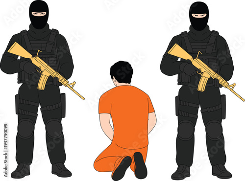 Illustration of armed tactical soldiers in black uniforms standing guard over a captive prisoner in an orange jumpsuit representing security hostage situations and detention