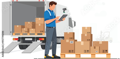 Logistics worker scanning truck cargo vector