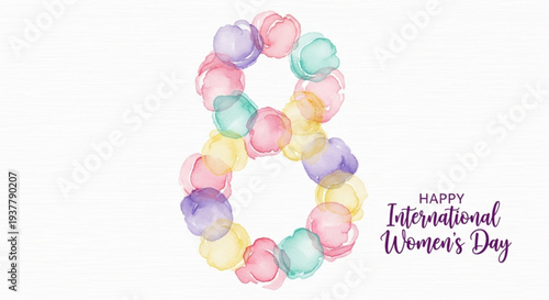 Happy international women's day celebration with colorful balloons forming the female symbol on white background