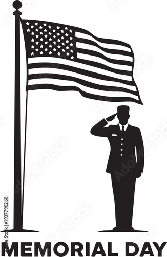Memorial Day soldier saluting American flag, patriotic military tribute illustration