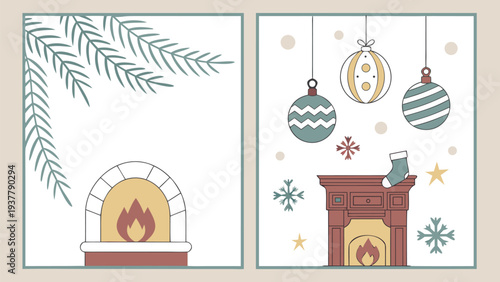 Christmas fireplace scenes with ornaments and stockings hung by the chimney with care in a festive holiday setting