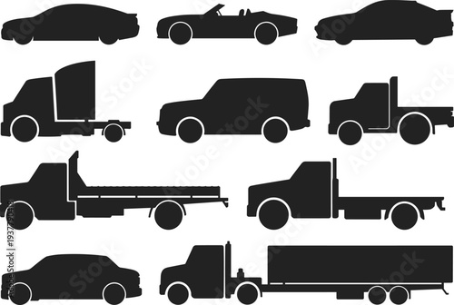 Vehicle silhouette collection including car convertible van truck trailer transport icons set automotive transportation vector illustration black silhouette