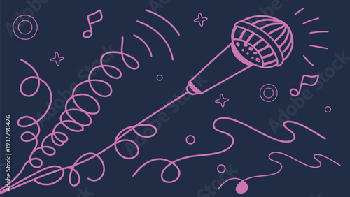 Vibrant pink microphone illustration with musical notes and swirling lines on dark background symbolizing music and performance