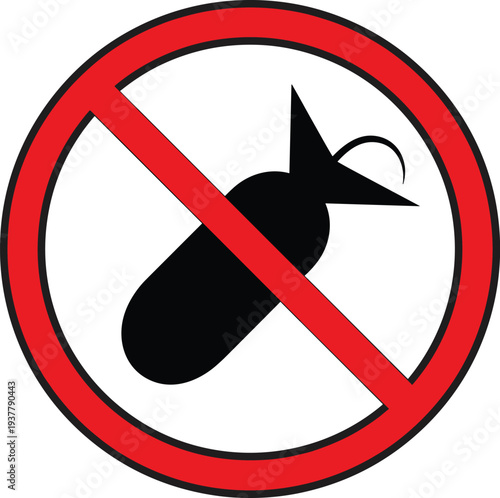 Prohibited weapon sign with a black bomb silhouette inside a red forbidden circle representing danger safety warnings military restrictions and restricted area hazard symbols