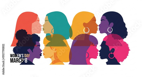 Diverse women profiles celebrating international women's day on march 8th with colorful silhouettes