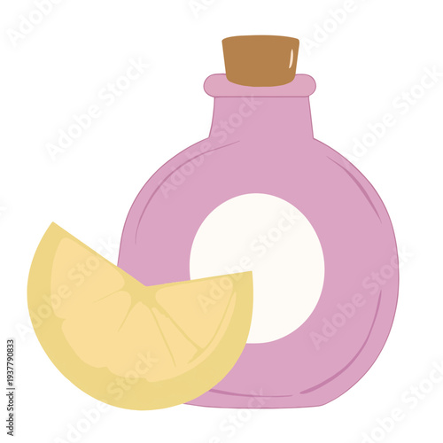 A cartoon illustration of a potion bottle with a cork and an attached yellow ribbon
