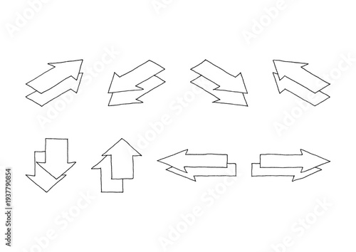手描きの黒い矢印の線画アイソメトリックイラストのセット