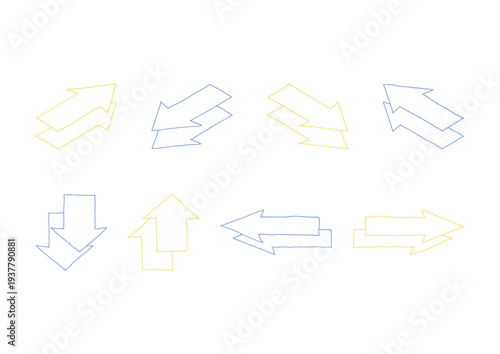 手描きの青と黄色の矢印の線画アイソメトリックイラストのセット