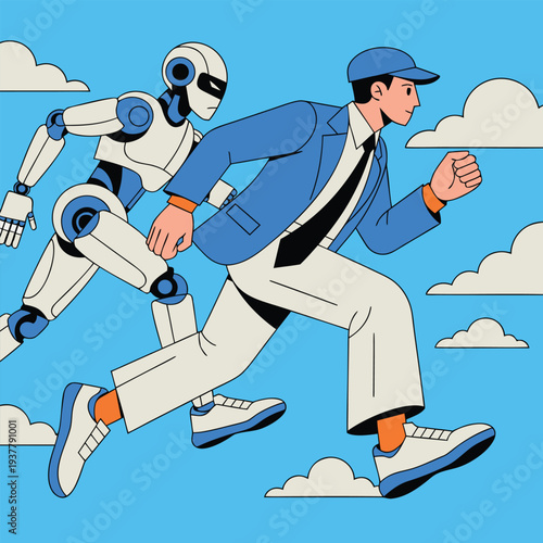 Man in blue suit and robot running together in sky with clouds white shirt