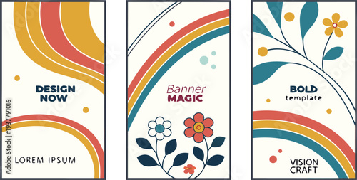 Vibrant floral banner templates with rainbow designs for creative projects and presentations
