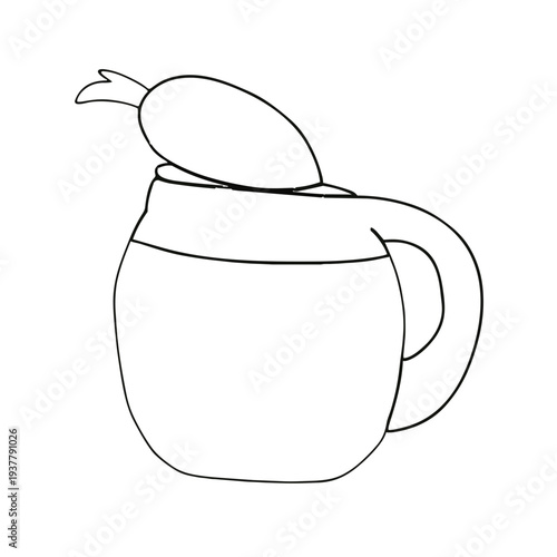 A line-art image of a stein topped with an abstract object. The background is white