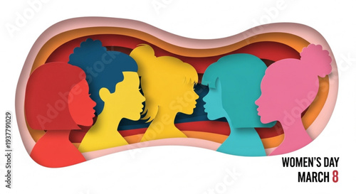 Diverse women's silhouettes in colorful layered profiles for international women's day on march 8th celebration