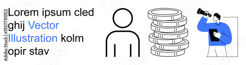 Business analysis, income growth, passive earnings, financial planning, market observation, wealth measurement. Stack of coins, person icon and character with binoculars. Business analysis