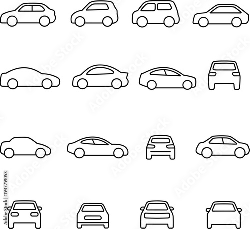 Car vehicle icons set with different automobile views including sedan hatchback front rear side transport vector line collection