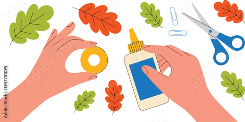 Hands Crafting with Paper, Glue and Scissors Flat Minimal Illustration