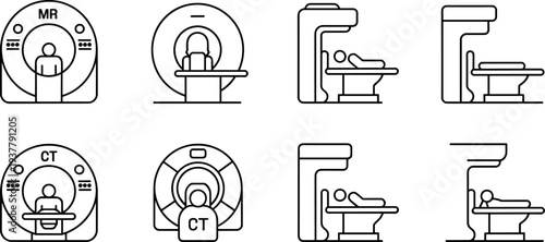 Medical MRI and CT scan machine icons set, radiology imaging equipment, patient diagnostic scanner line vector healthcare technology illustration collection