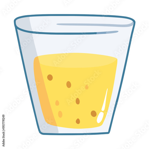 Cartoon illustration of a transparent glass with yellow liquid and bubbles