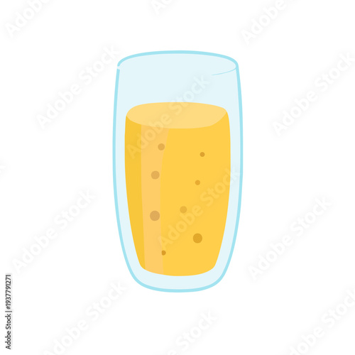 Tall glass filled with a light yellow beverage with bubbles. White background