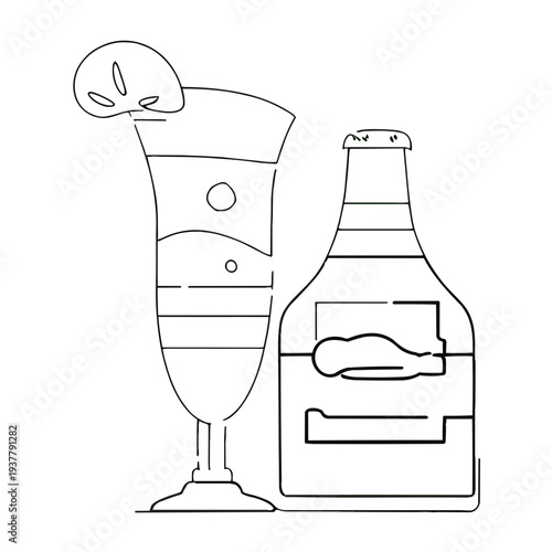 Line drawing of a glass with a garnish and bottle, both outlined in black