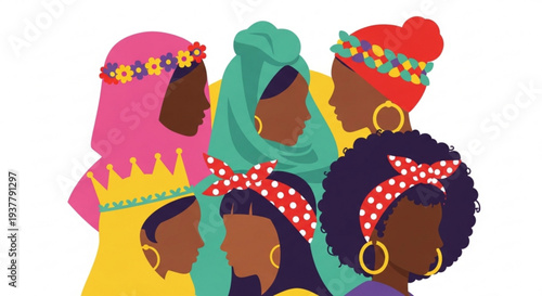 Diverse group of women with colorful headscarves and accessories standing together in unity and friendship