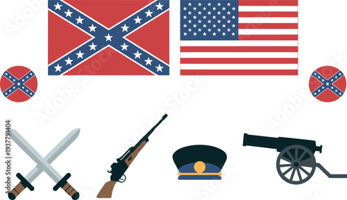 American Civil War historical vector illustration set featuring Union and Confederate flags with antique weapons including crossed swords rifle officer hat and cannon