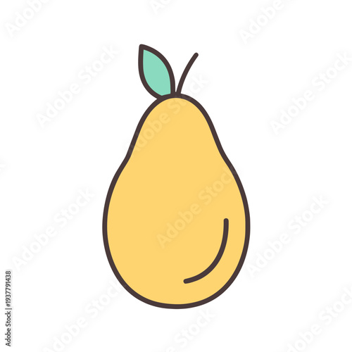 Cartoon pear illustration with a stem and leaf, colored in yellow, green and brown