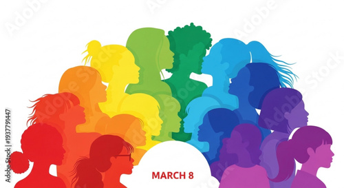 Diverse group of women's silhouettes in rainbow colors celebrating international women's day on march 8