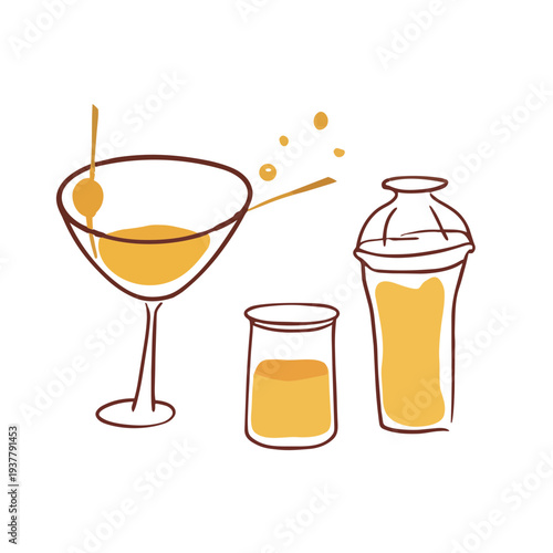 Vector illustration of cocktail glasses, a cocktail shaker, and a drink with garnish