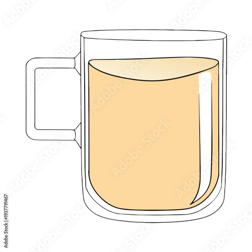 A cartoon beer mug, filled with yellow liquid, handle on the side, against white