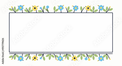 Flower frame border background. Hand drawn floral rectangular frame with blue and yellow blossoms. Spring nature border illustration. Decorative botanical frame for greeting cards.
