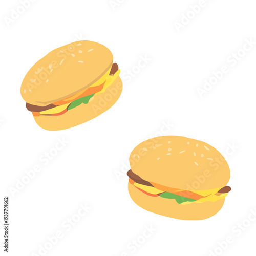 A colorful, cartoon burger with all the fixings, top and bottom bun, on a white background
