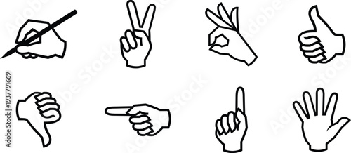 Hand gesture outline icons set isolated on white background. Writing peace ok thumbs up down pointing and counting finger signs. Flat vector line illustration collection.