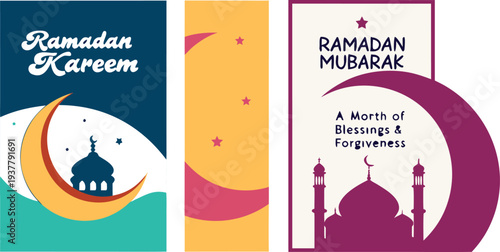 Ramadan kareem mubarak greeting cards with crescent moon and mosque silhouettes for islamic holy month