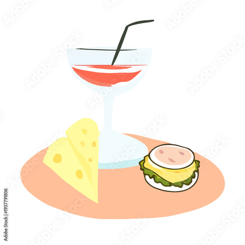 Illustration of a glass of red wine with a straw and accompaniments cheese and appetizers