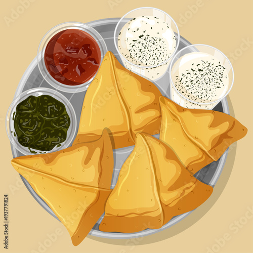 Indian Samosa Platter with Mint Chutney, Sweet Plum Relish and Buttermilk Chaas on Silver Thali Flat Lay Isolated on Beige Background 