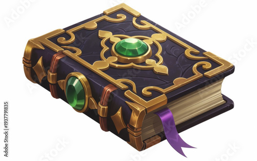 Ornate leather bound book with gold accents and green gemstones a white background On Valentine's day