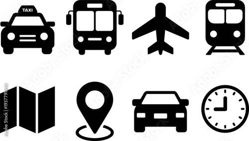 Transportation and travel icons set including taxi bus airplane train map location pin car clock vector navigation illustration