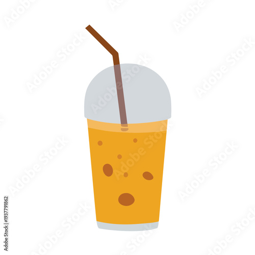 Cartoon illustration of a cold beverage in a plastic cup with a dome lid and straw
