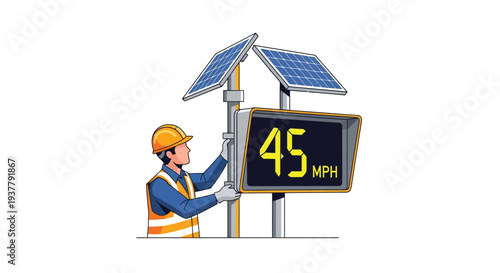 Solar panel technician installing sign vector
