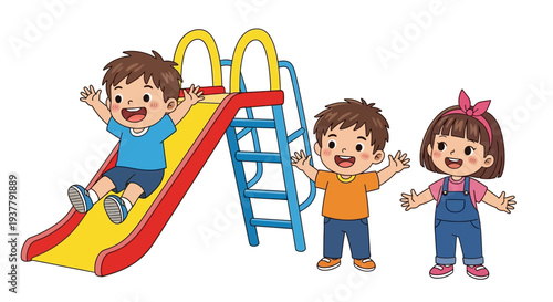 Happy children playing together near a brightly colored plastic playground slide with ladder